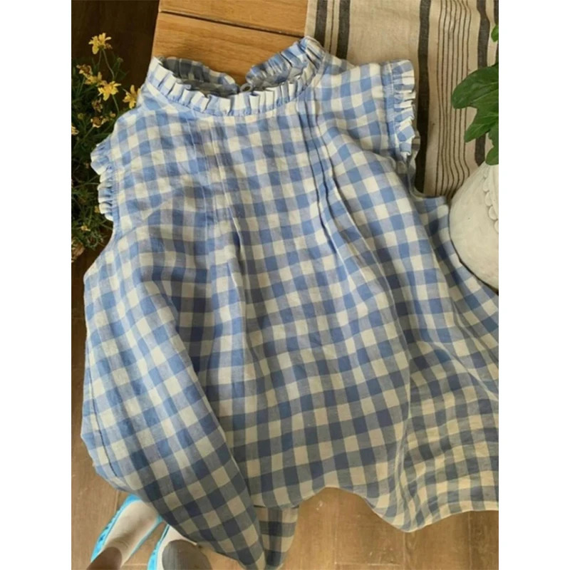 MEXZT Kawaii Plaid Shirts Women Japanese Preppy Cute Ruffles Patchwork Blouses Summer Korean Fashion Flying Sleeve Casual Tops 250514
