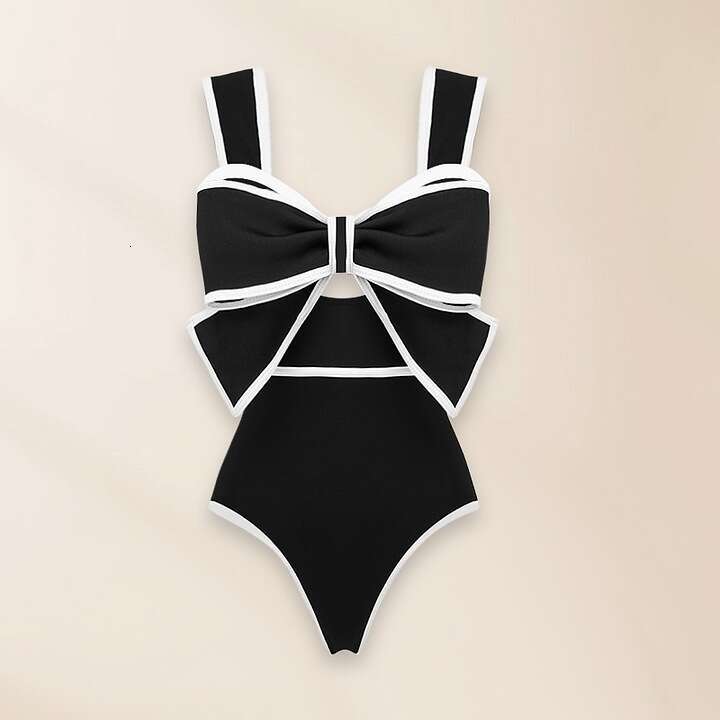 Hot selling retro conservative small fragrance Ins European American solid color bow one-piece swimsuit 2025 new style chic and elegant clothing