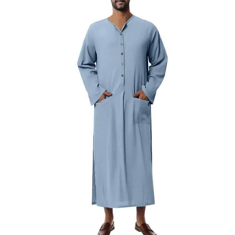 Mens Muslim Robes Solid Color Long Sleeve Cotton Pockets Robes Button-down Leisure Vintage Islamic Arab Kaftan Dubai Male New X250514