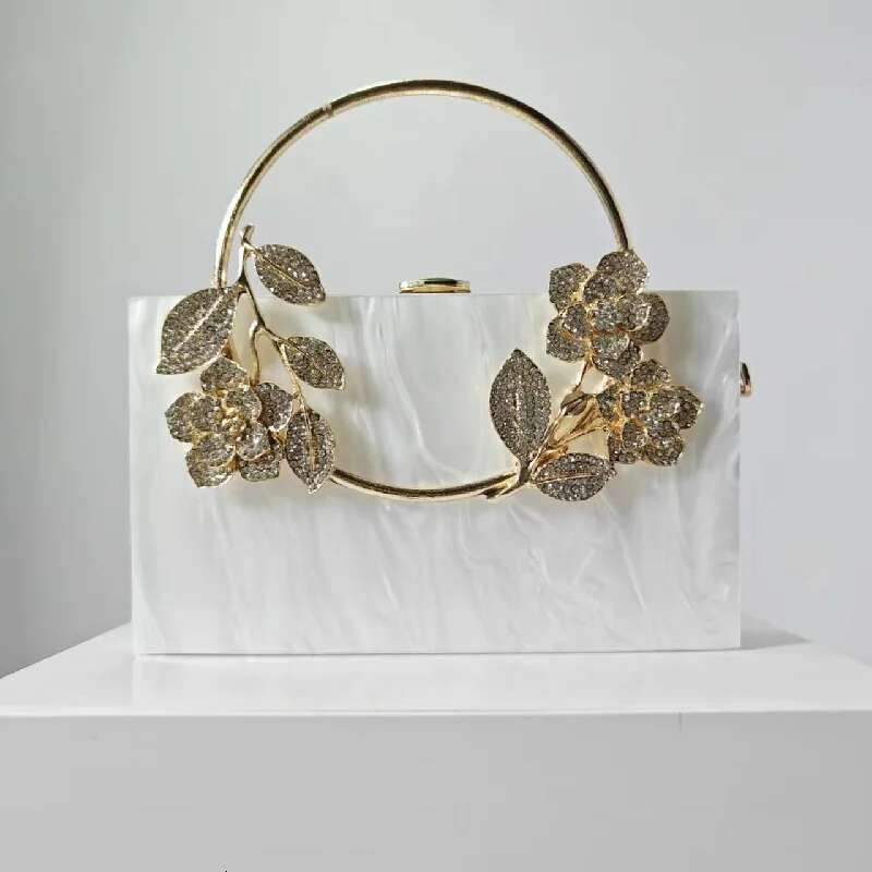 New Womens Banquet Pearlescent Acrylic Women's Tote Crossbody Vintage Shoulder Square Bags Flowers Purse Evening Bag