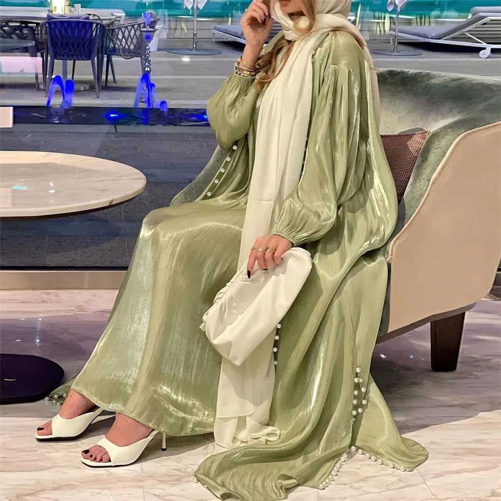 2pcs Muslim Women Beads Kimono Cardigan With Inner Dress Set Dubai Turkey Kaftan Eid Ramadan Islam Clothing Satin Abaya Jalabiya X250514