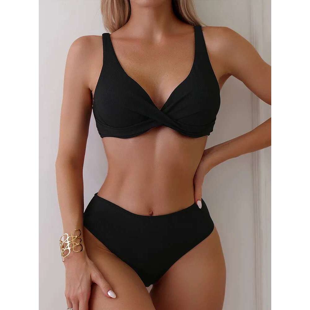 Sexy Backless V Neck 2 Piece Women Solid Split Swimsuit High Waist Beach Bikini New Summer Swimwear Bikinis Set