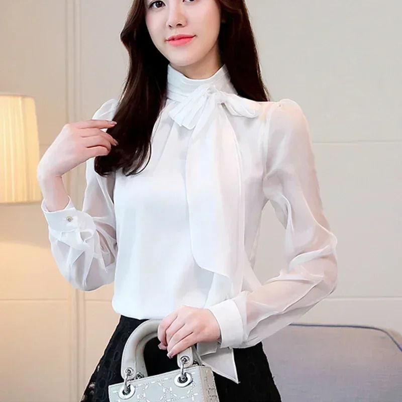 Summer Fashion Tunic Women Blouse Long Sleeve Woman Tops Tie Bow Chiffon Womens Shirts Office Lady Clothes 0599 250513