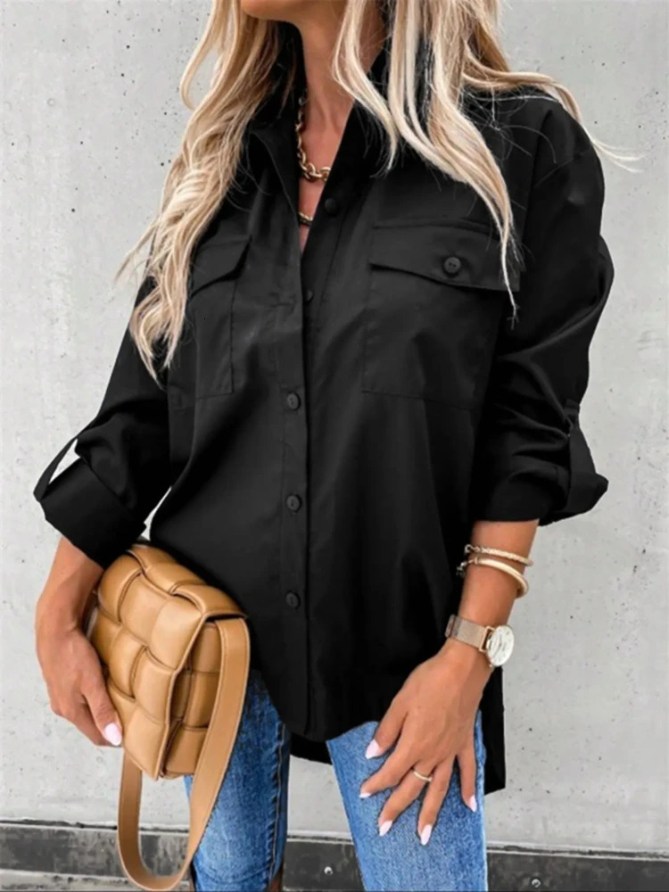 Plus Size 1XL5XL Womens Fashion Lapel Solid Color Shirt Pocket Decoration Casual Loose and Simple Long Sleeved 250514