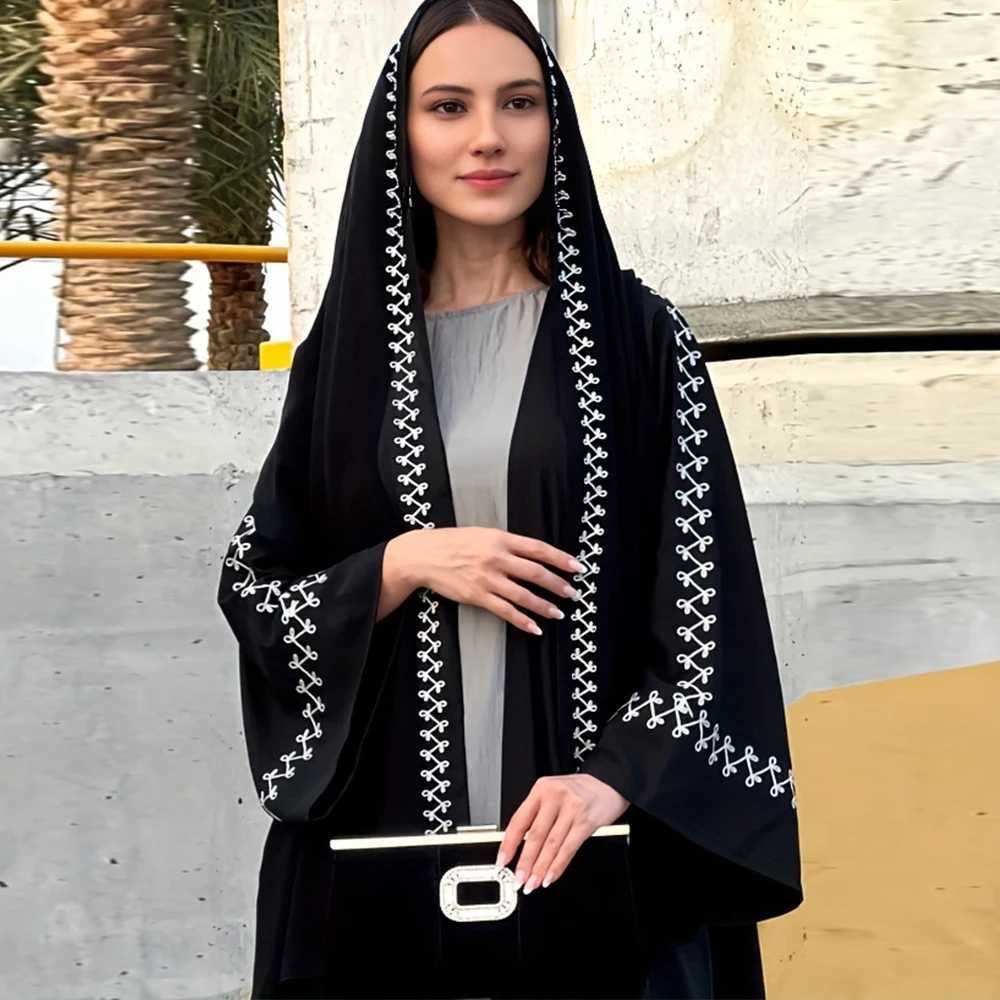 2025 New Fashion buckle embroidered Abaya headscarf dress kimono jacket womens long slved loose Arab Muslim Dubai Moroccan X250514