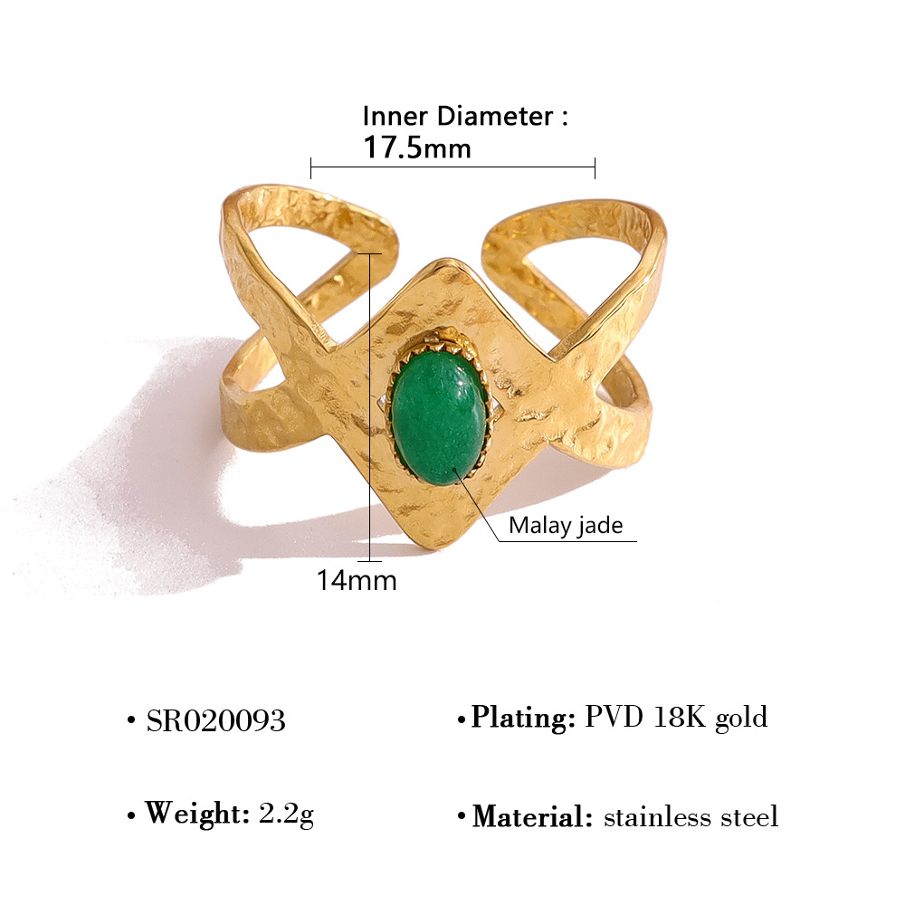 New 18K Gold Titanium Ring for Women, High-End INS Style, Hammered Texture with Natural Stone, Adjustable, Non-Fading