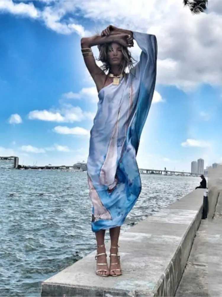 Color Butterfly Print One Shoulder Sleeve Dresses Women Sexy Off Shoulder Loose Beach Vacation Irregular Long Dress StreetwearXJ250514