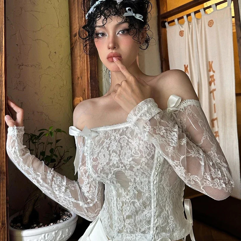 Candy Elegant Lace Off Shoulder Long Sleeve Tops With High Elastic Waist Pleated Mesh Skirt Autumn Sweet Women 2 Piece Set 250514