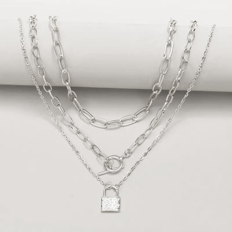 Personalized jewelry with studded lock shaped pendant, multi-layer necklace, women's chain, collarbone chain item