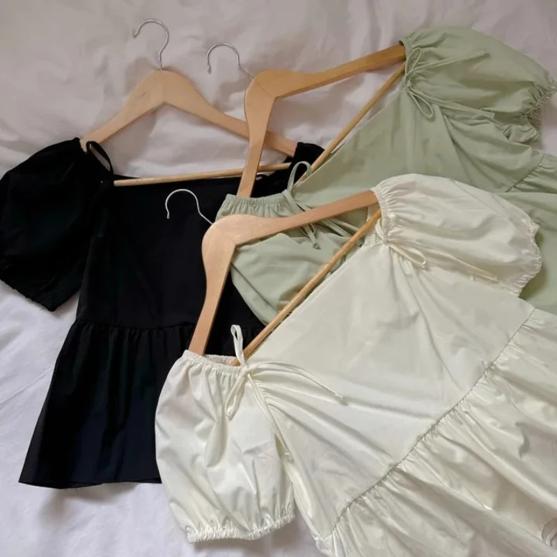 REALEFT Spring Summer Puff Sleeve Womens Bow Blouses Korean Style Solid Square Collar Casual Short Shirts Female 250514