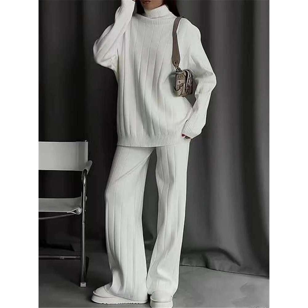 REALEFT Autumn Winter 2 Pieces White Women's Sets Knitted Tracksuit Turtleneck Sweater And Straight Jogging Pant Suits 2023 New