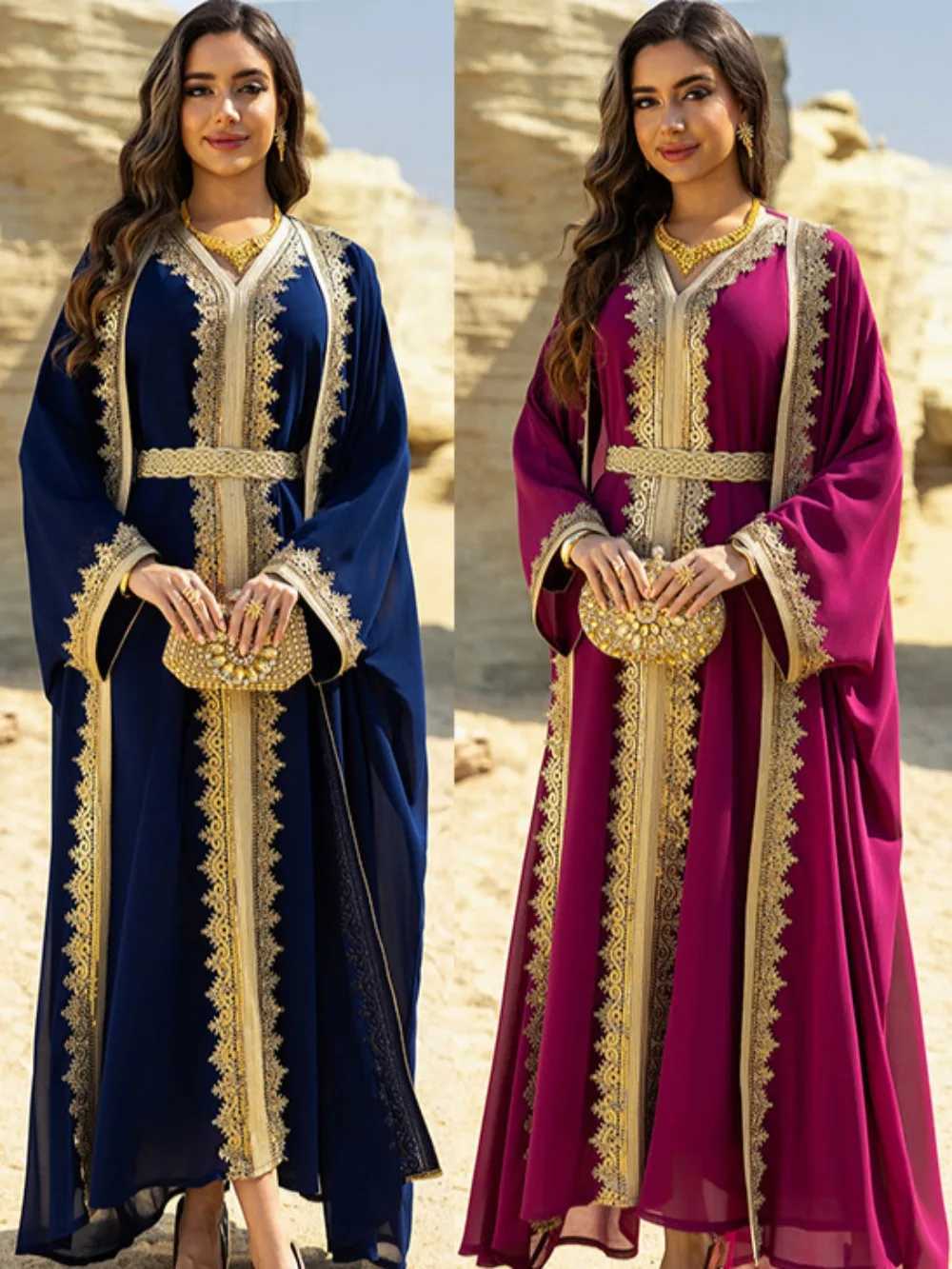 Eid Women Abaya Dress Muslim 2 Piece Set Cardigan with Inner Dress Lace-up Robe Caftan Robe Jalabiya Ramadan Morocco Kaftan 2025 X2505141