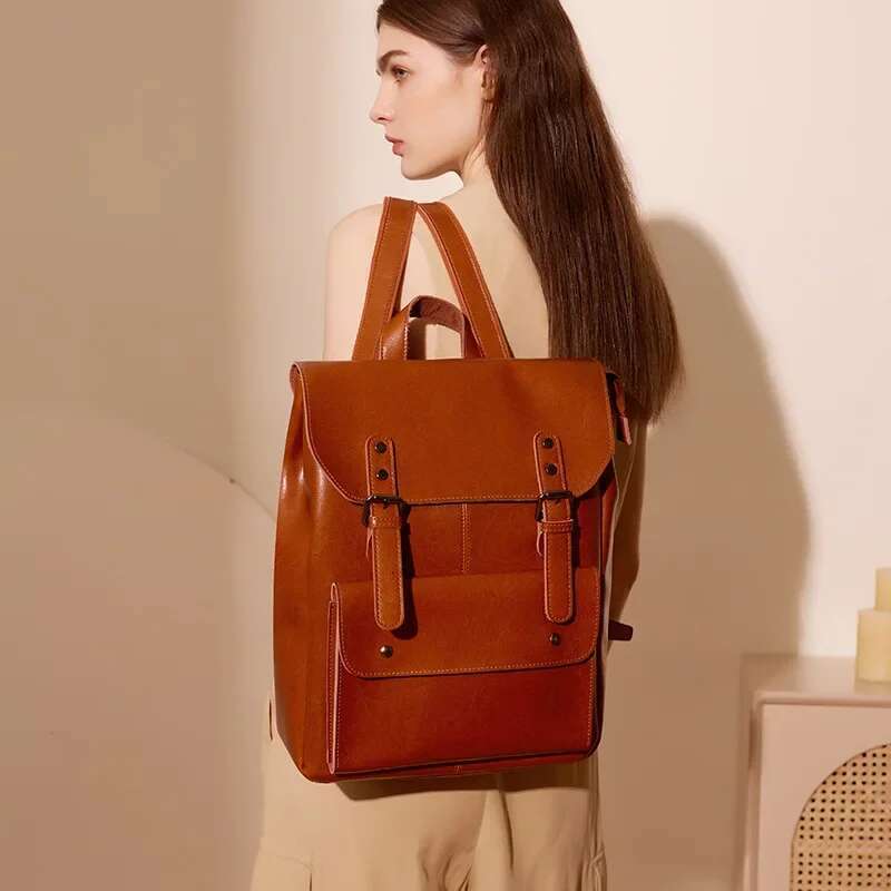 Women's Genuine Leather British Style Retro Fashion Backpacks Wearable Cowhide Computer Backpack 14 Inch Large Capacity
