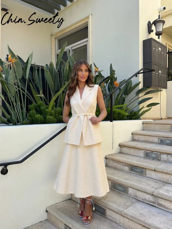 Street Tassel Top Vest Skirt Set 3 Pieces Women Elegant Lapel Belt Jacket Slim Tops Pleated Skirts Summer Lady Outfit 250514