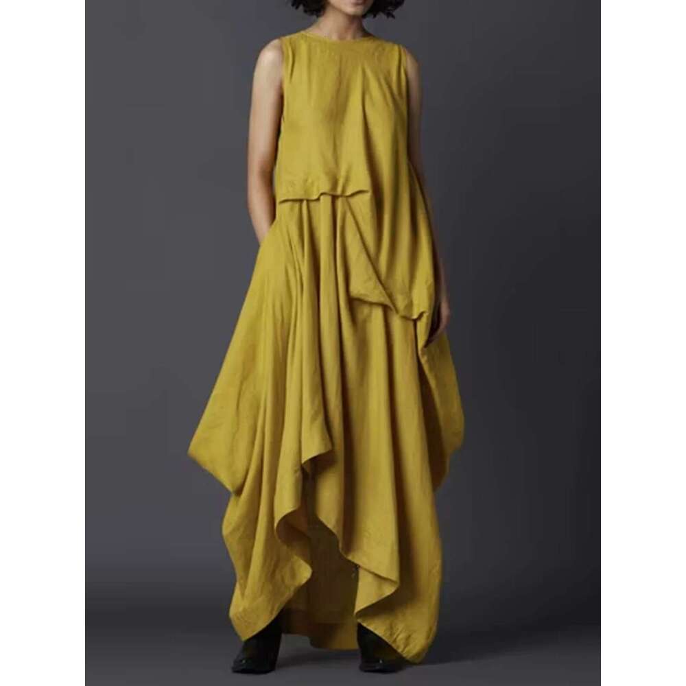 Women's Tank Pleated Pockets Vintage Asymmetric Hem Long Solid Minimalist Casual Round Neck Summer Female Dress