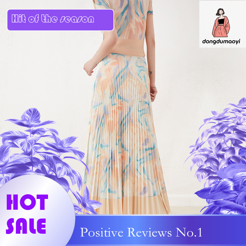 dongdumaoyi Miyake temperament set, fashion high-end women's printed short sleeved T-shirt, slim fit and slimming half skirt two-piece set