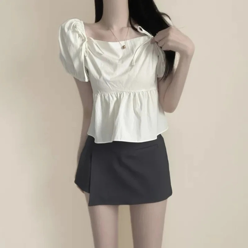 REALEFT Spring Summer Puff Sleeve Womens Bow Blouses Korean Style Solid Square Collar Casual Short Shirts Female 250514