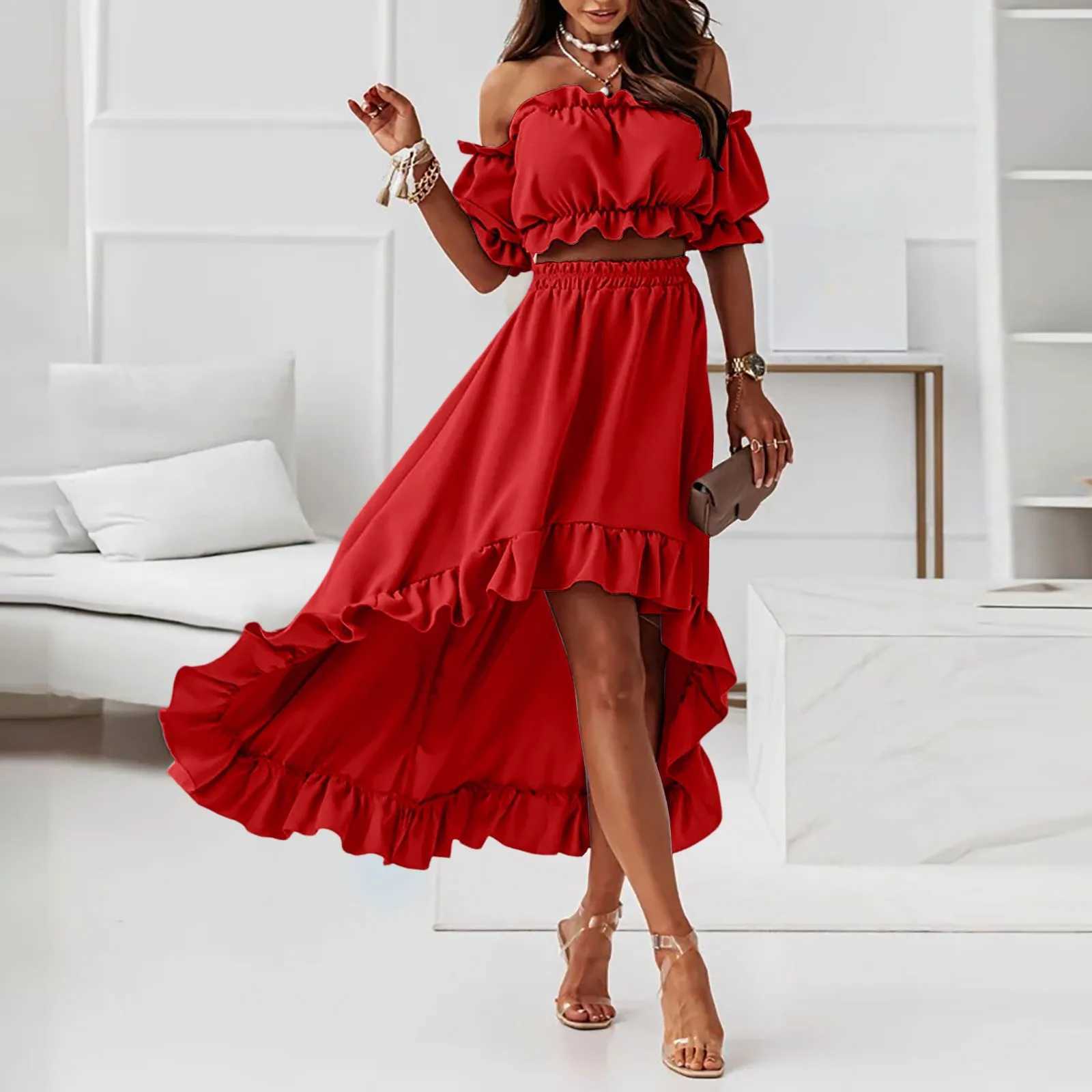 Womens Solid Off Shoulder Dress Line Neck Sexy Elastic Top Puffy Sleeve Long Ruffled Hem Skirt Dress Woman Suit Skirt For WomenXJ250514