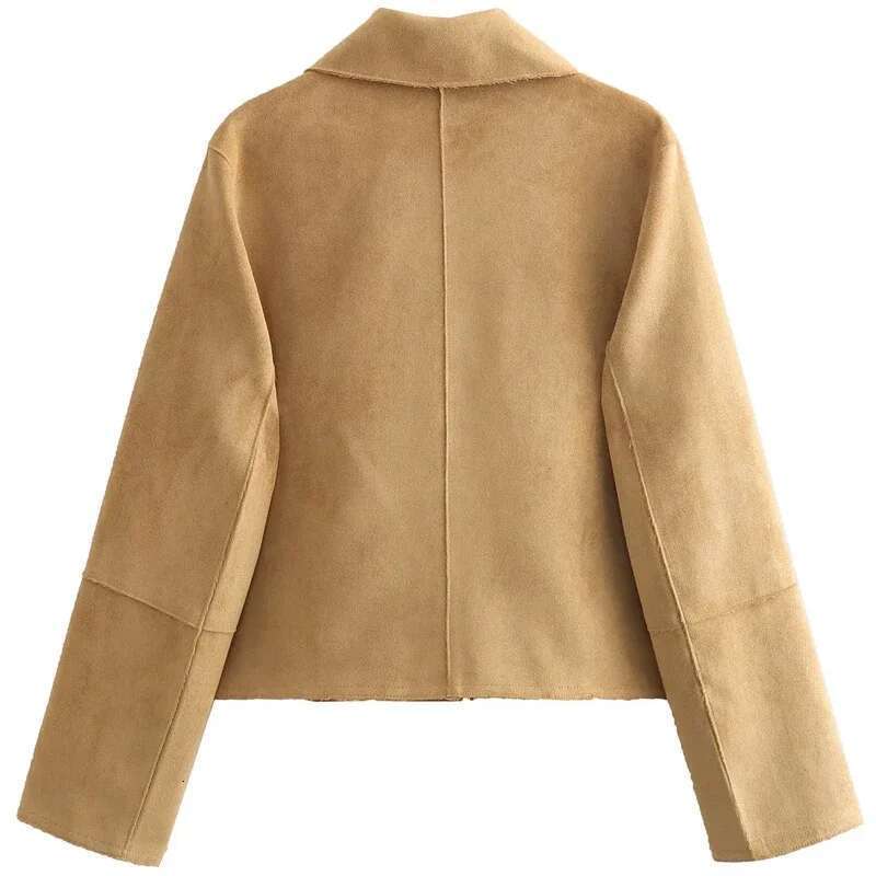TRAF Women's Demi-Season Cropped Suede Jacket Lapel Collar Long Sleeve Top New In Jackets Korean Reviews Many Coats