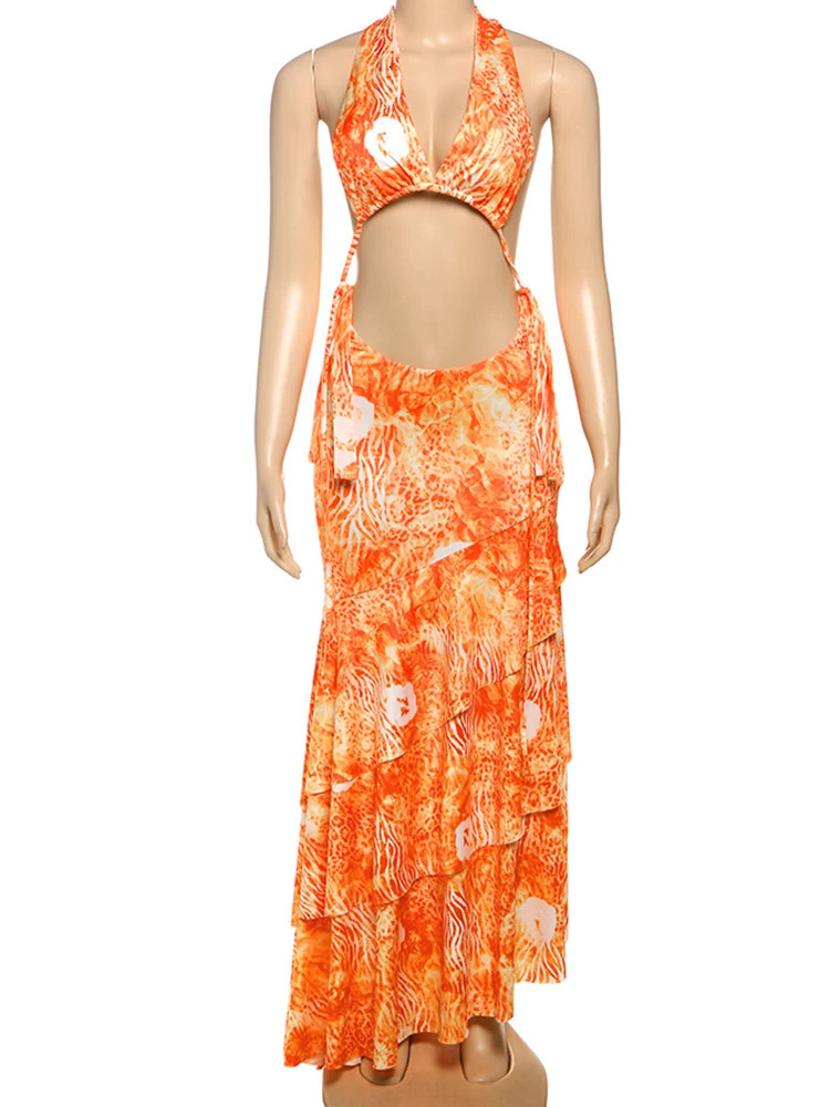 Weird Puss TieDye Print 2 Piece Set Women Bandgae Halter BraRuched Ruffles Long Skirts Vacation Fashion Beach Party Outfits 250514