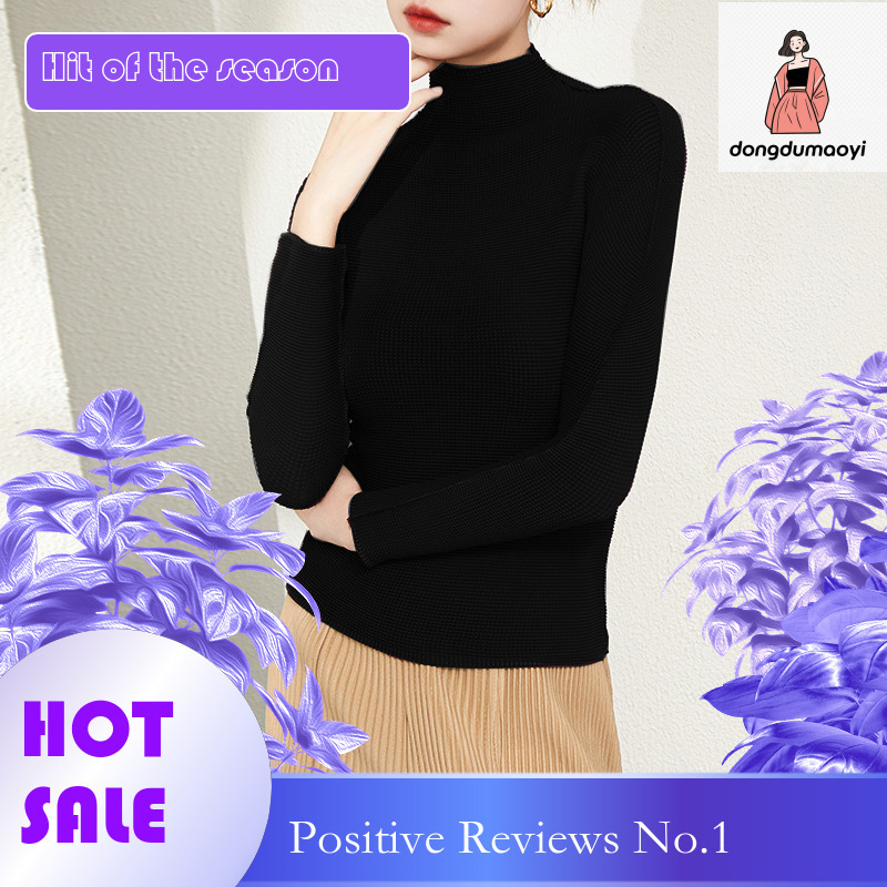dongdumaoyi Miyake seamless integrated semi base shirt pleated high neck temperament, slim fit and slimming long sleeved T-shirt for women, thin versi