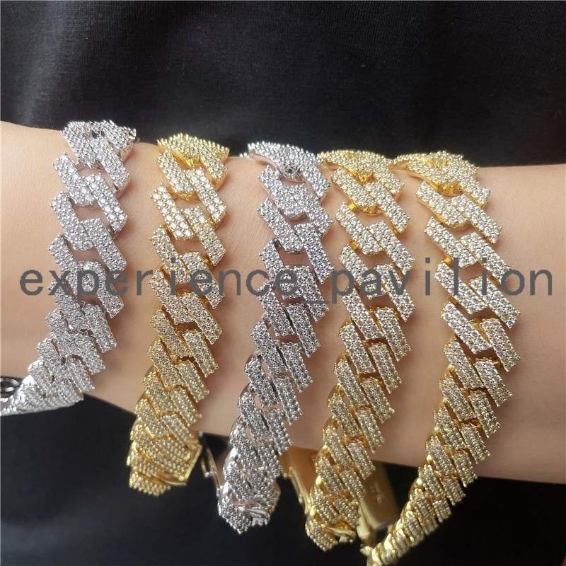 Hip Hop Jewelry 13MM Width 925 Silver 14K Gold Plated Miami Cuban Link Chain Moissanite Diamond Cuban Link Chain Bracelet