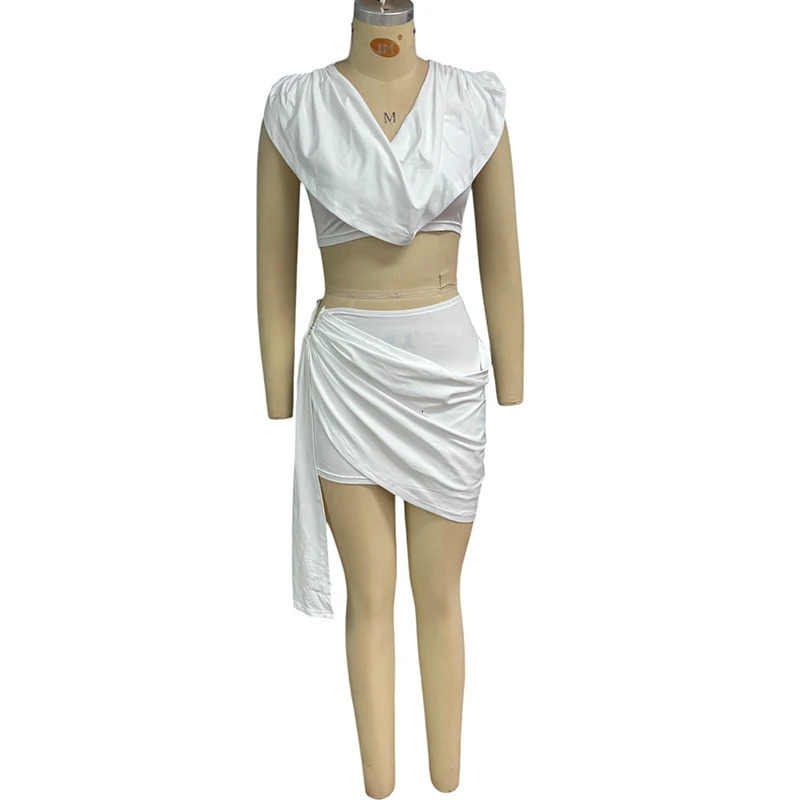 Wefads 2 Piece Set Women Summer Sexy Fashion Solid Sleeveless V Neck High Waist Tank Top A Line Irregular Pleated Mini Skirt 250514
