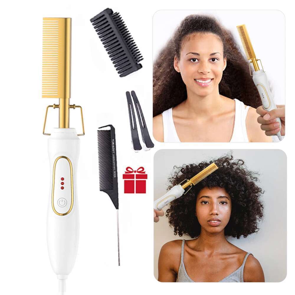 New White Electric Wet And Dry Hair Curler Hot Straightening Heating Iron Environmentally Gold Comb