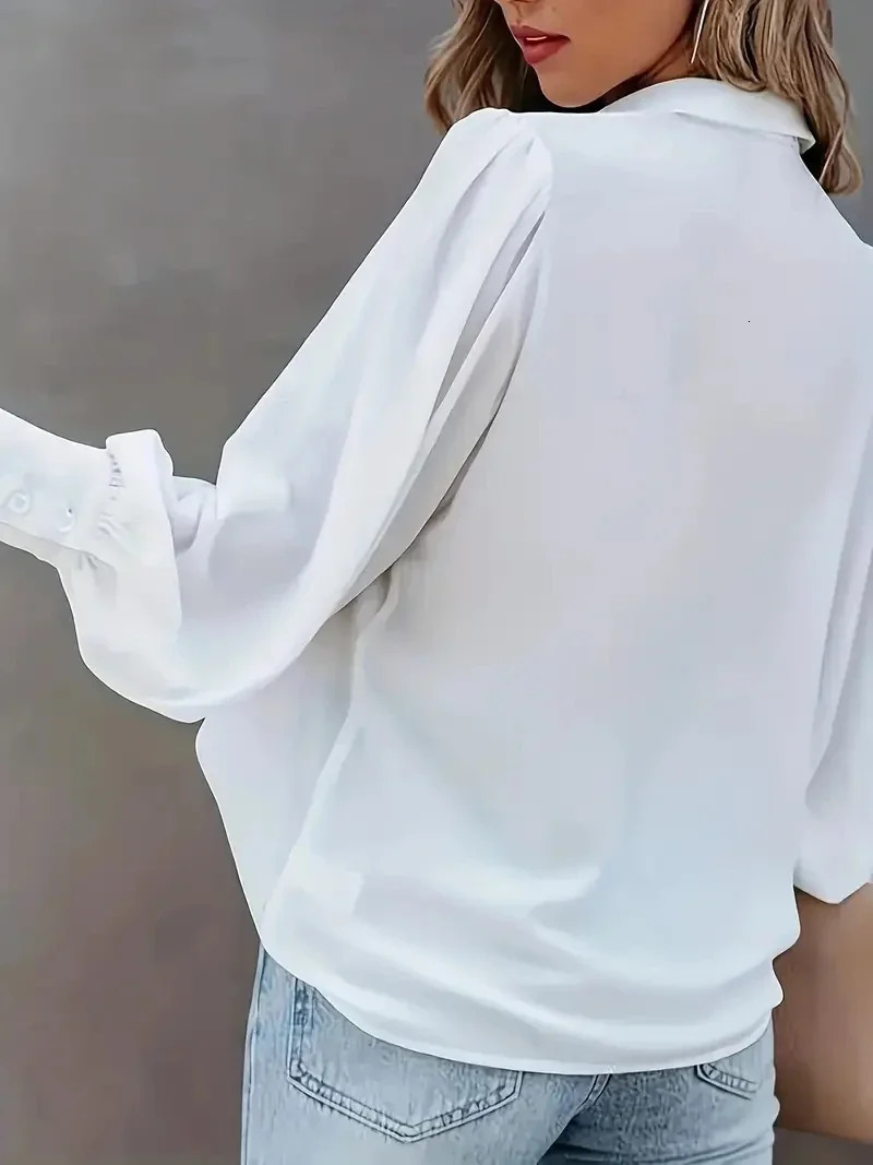 Plus Size 1XL5XL Womens Fashion Basic Blouse Ladies Solid Button Up Lantern Sleeve Turn Down Collar Shirt 250514