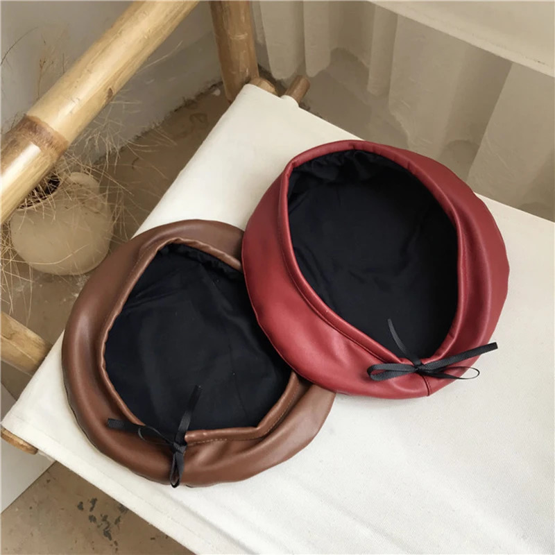 Women Girl Beret Hat French Retro Artist Beanie Hat Elegant Solid Color PU Leather Lady Painter Cap Spring Autumn Lady Berets 250514