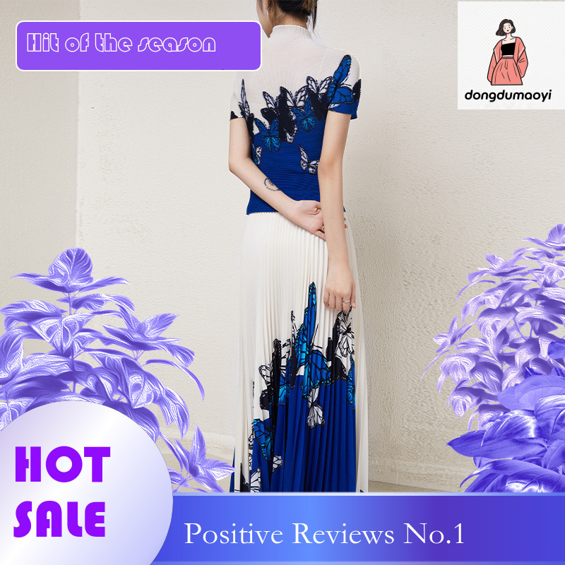 dongdumaoyi Wrinkle suit small shirt top fashionable design sense niche Miyake T-shirt printed pleated skirt two-piece set