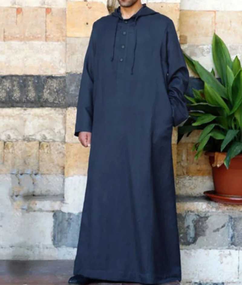 Mens Muslim Robes Saudi Arabia Juba Islamic Kafatan Casual Loose Robe Shirt Solid Color Long Sleeve Hooded Button Pocket Robe X250514