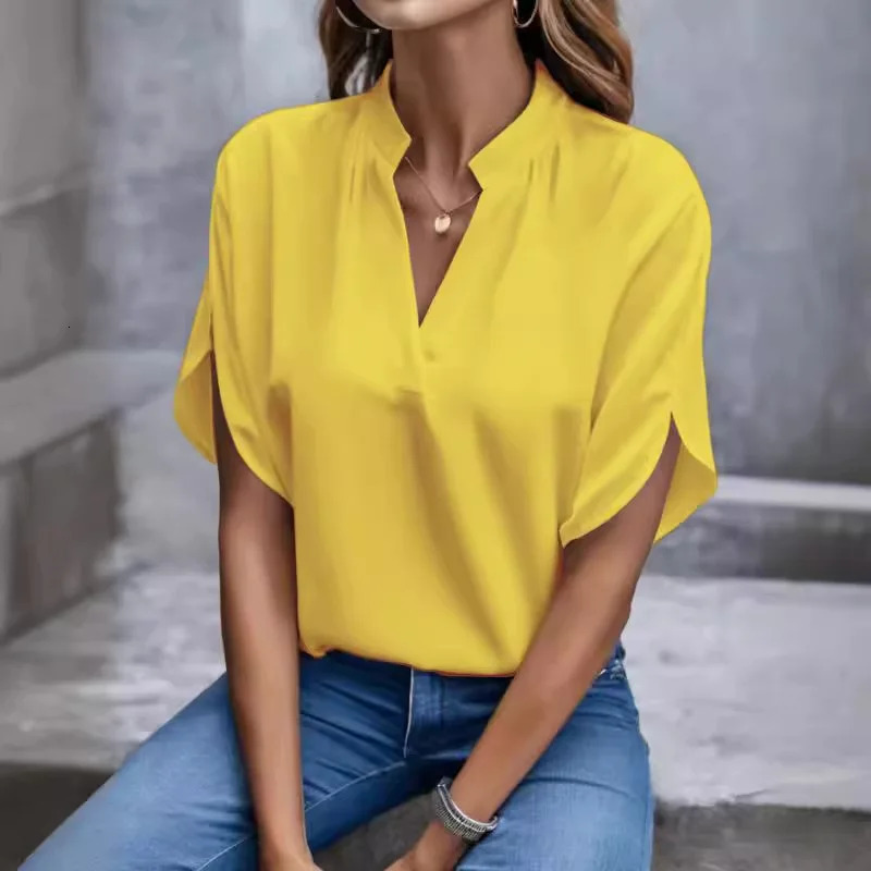 Women Elegant Solid Chiffon Blouse Spring Summer Casual Long Sleeve V Neck Yellow Office Lady White Shirt Tunics Basic Tops 250513