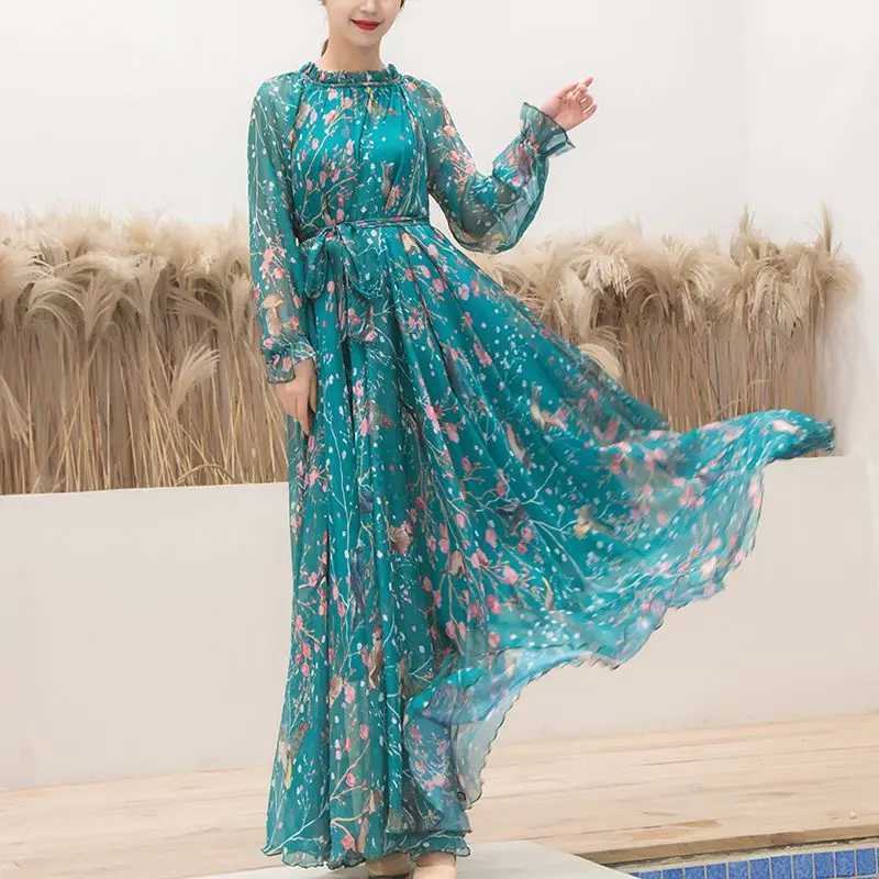 2023 Boho Floral Print Party Dress Women Vestidos Elegant Fashion Loose Chiffon Long Slve Muslim Abaya Islamic Clothing Robe X2505141