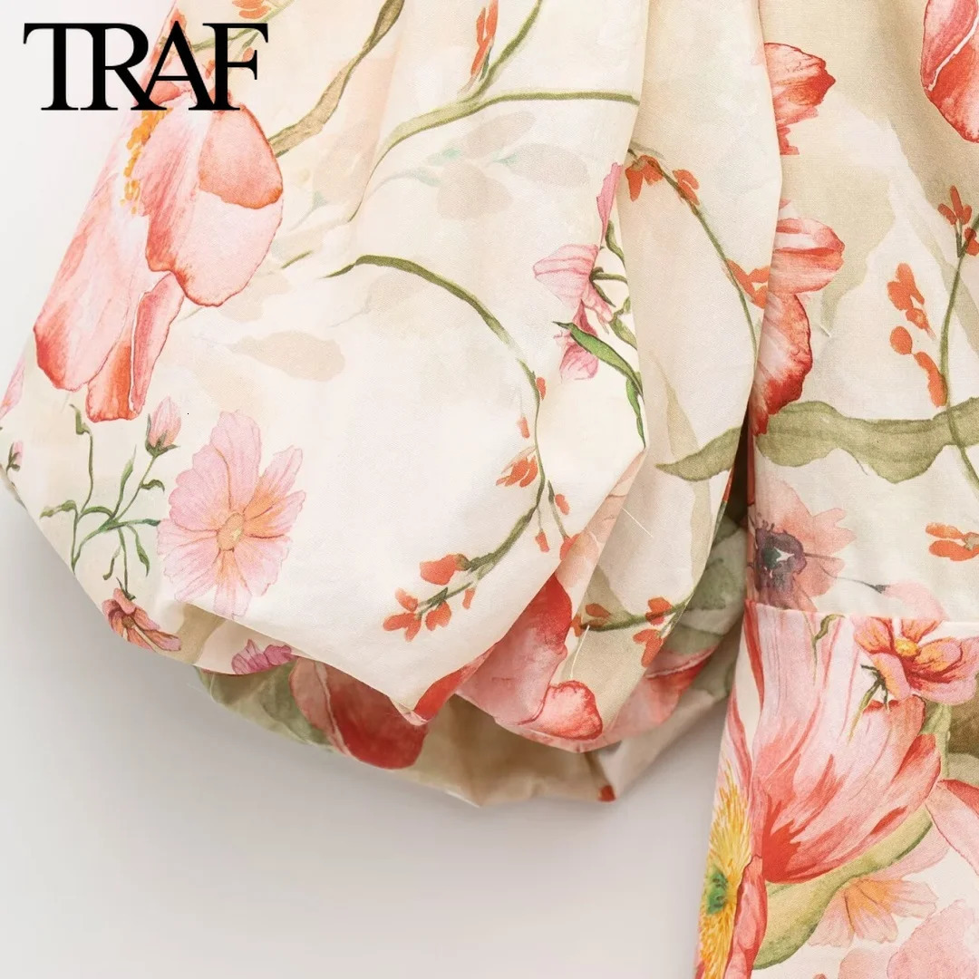 TRAF Dress for Women Fashion Summer Printing Bow Short Sleeved Vneck Mini Dresses French Chic Female Evening Clothing 250514