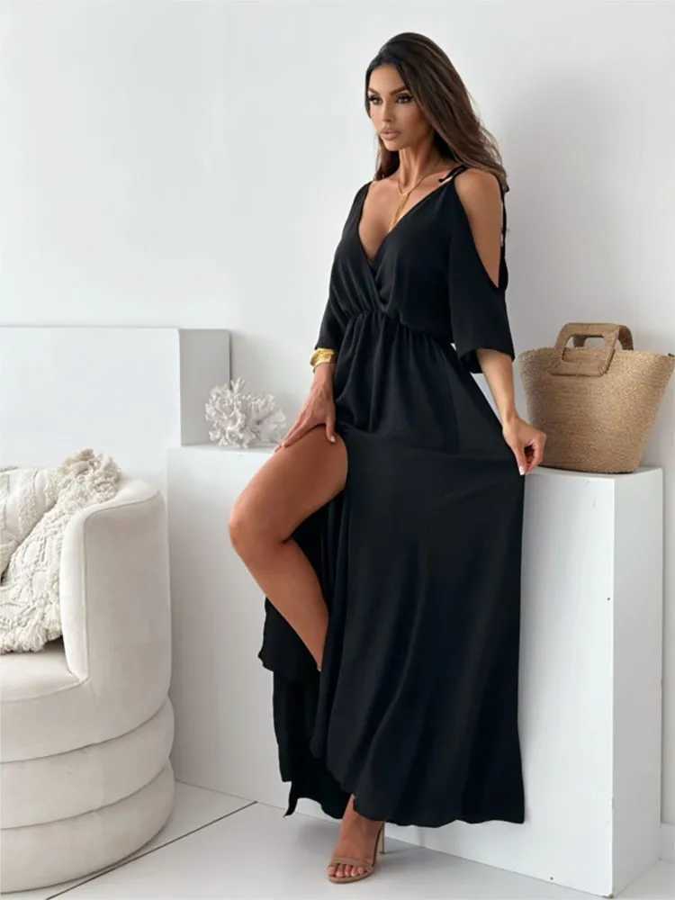 Summer V-neck Skirt Slit Dress Off-shoulder Sleeves Sexy Spaghetti Strap Dress Fashion Elegant Loose Beach Dresses Robe FemmeXJ250514