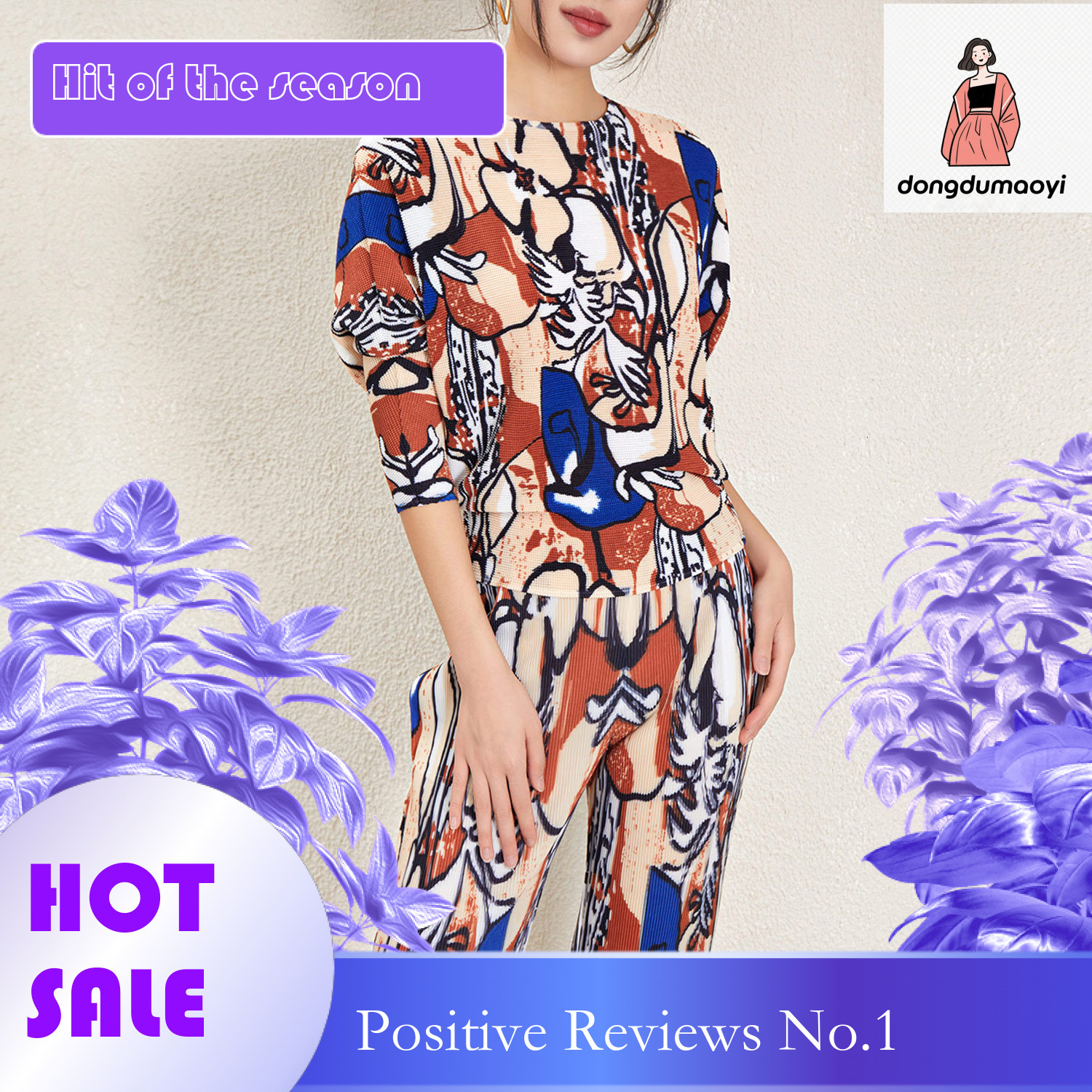 dongdumaoyi Advanced printed irregular round neck top for women in spring, slim fit, niche temperament, pleated base T-shirt