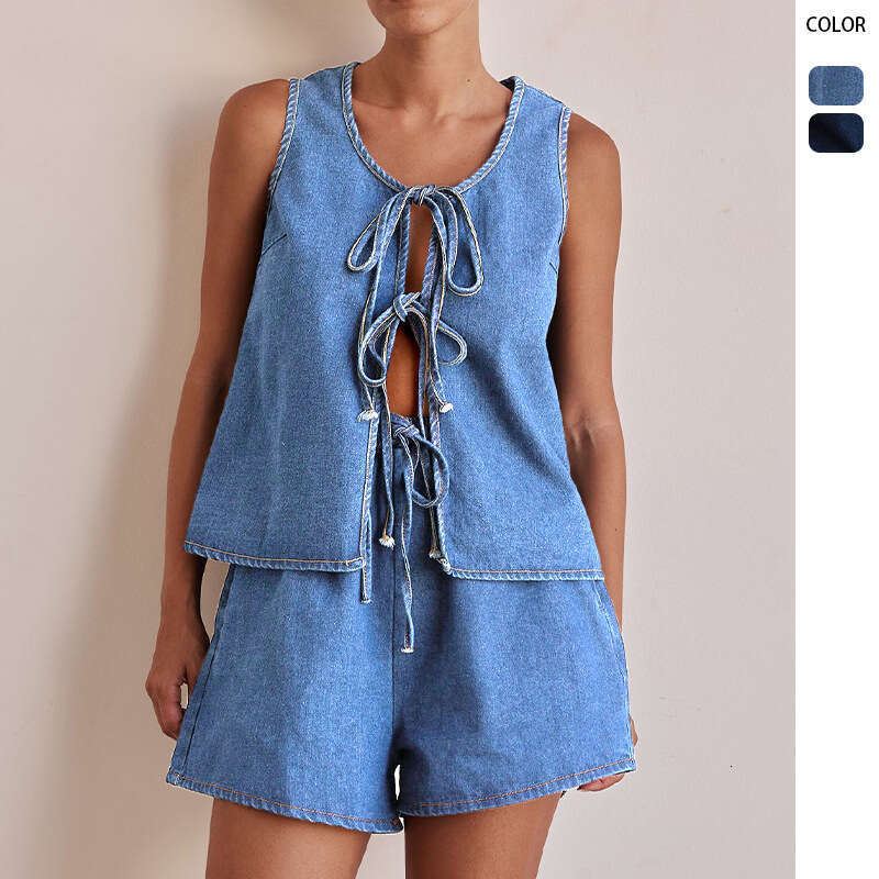 2025 Style Summer Fashion Casual Sleeveless Lace Up High Waisted Womens Vest Denim Suit Shorts for Women High Elasticity Versatile Printing New Produc