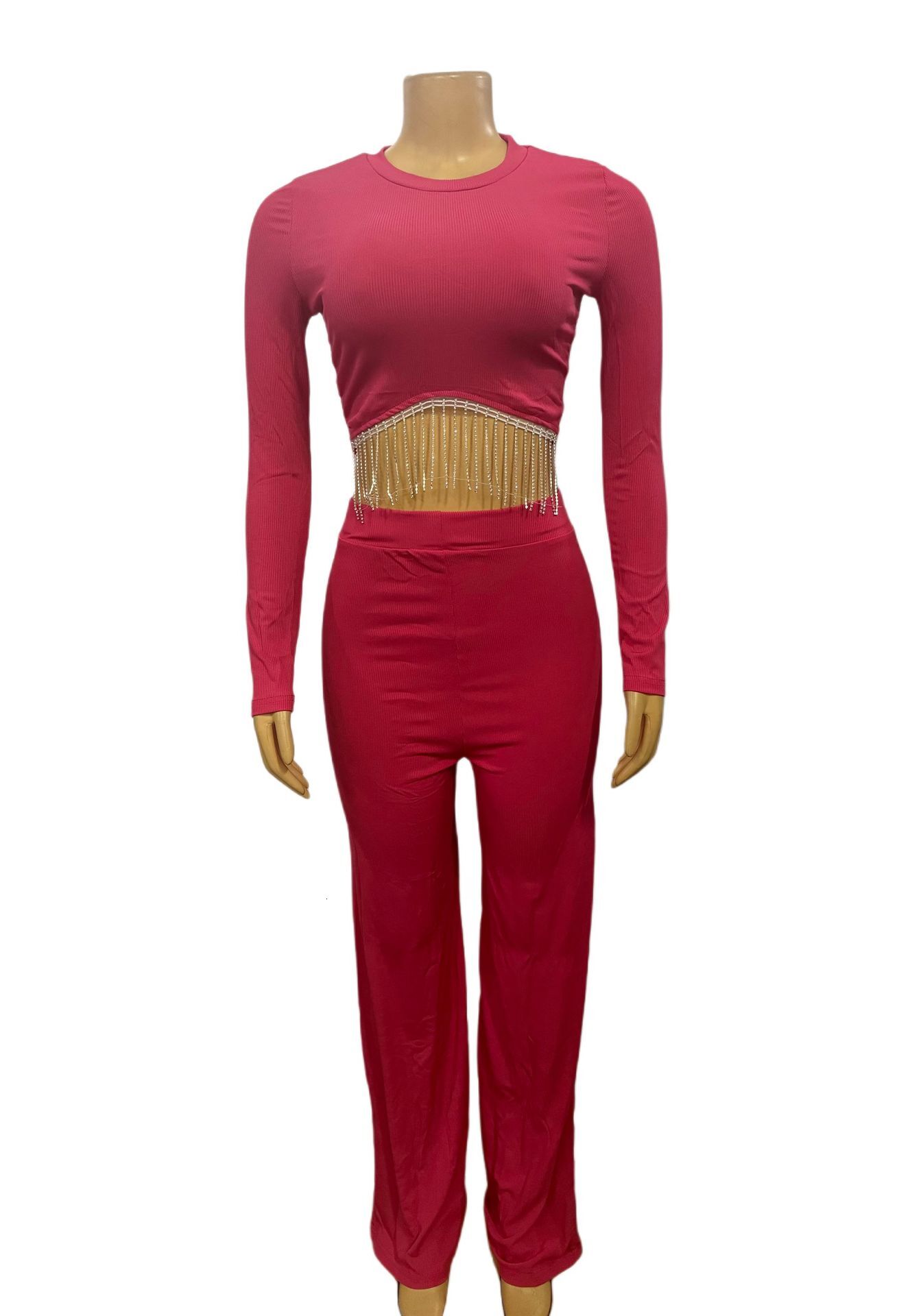 Womens new spliced chain round neck exposed waist long sleeved top straight leg pants set