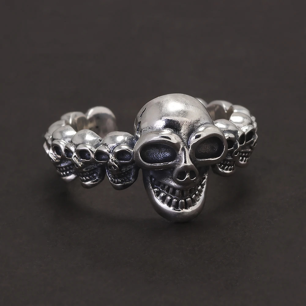 925 Sterling Silver Gothic Skull Ring for Men and Women Hiphop Punk Retro Finger Accessories Adjustable Biker Jewelry 250509
