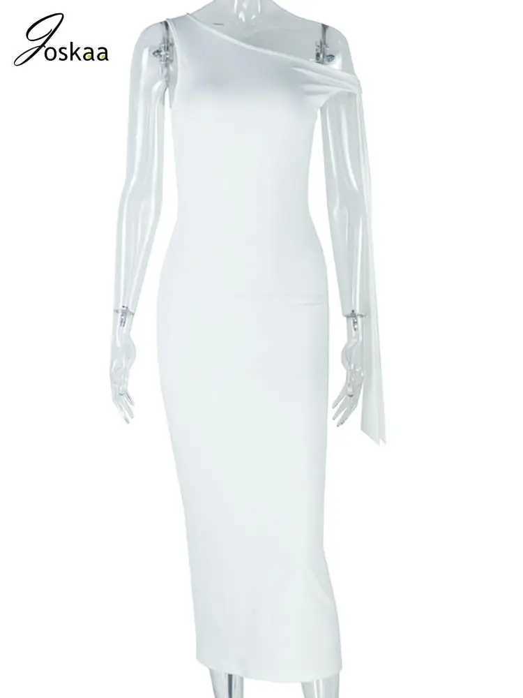 Joskaa Elegant Solid Long Maxi Dress Women Hipster Sexy Skew Collar Ribbons Skinny Vestidos 2025 Spring Birthday Party ClubwearXJ250514