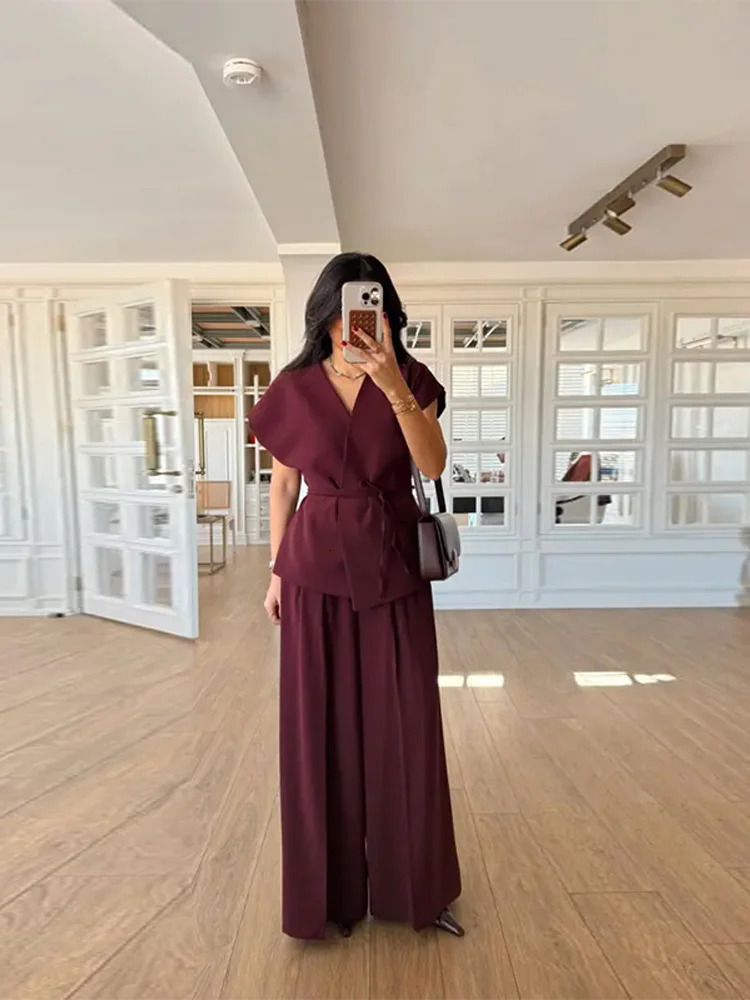 Loose Lace Up Shirts Pants Set Women Solid V-neck Short Sleeve Shirt Pleated Wide Leg Pant Spring Lady Suit Two Pieces Set 250513