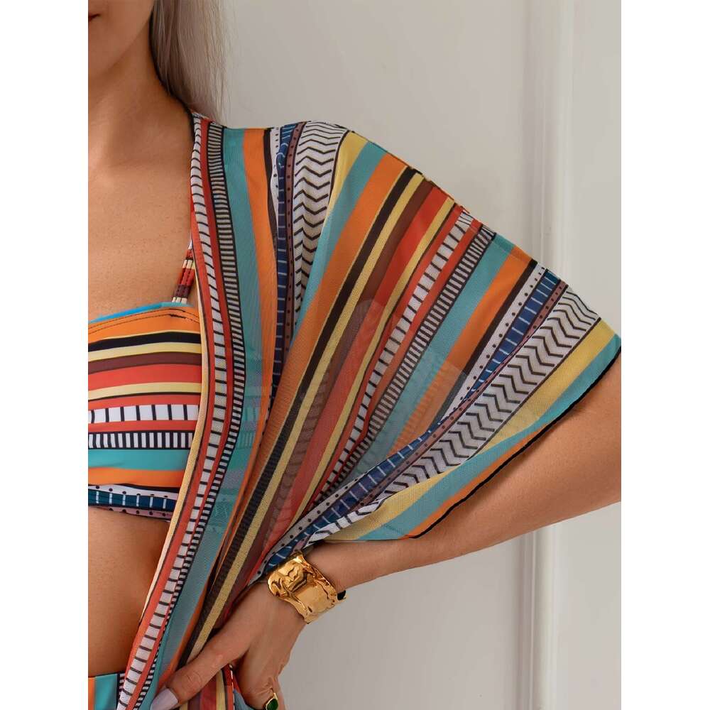 Unyooke Women'S Sexy Print 3pcs Bikini Set with Long Sleeve Cover-Up - Stretchy, Non-Transparent Polyester Blend