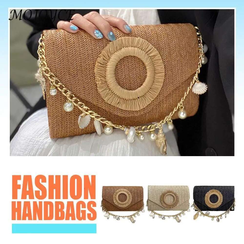 Women All-Match Shell Clutch Large Capacity Stylish Knit Evening Seaside Straw Beach Travel Shopping Commute Bag