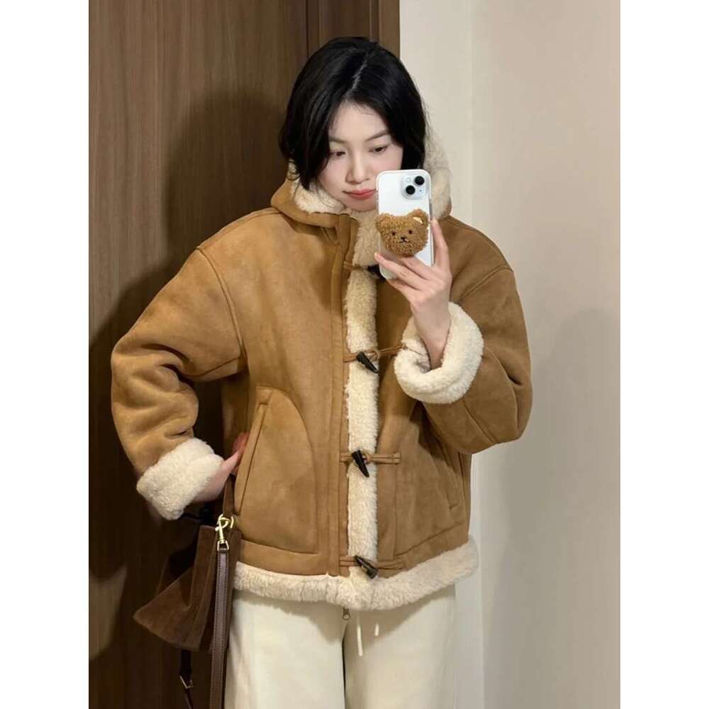 Korean Chic Hooded Lamb Wool Coats Women Horn Button Loose Casual Long Sleeve Jackets Autumn Winter Thick Warm Fur Outwears