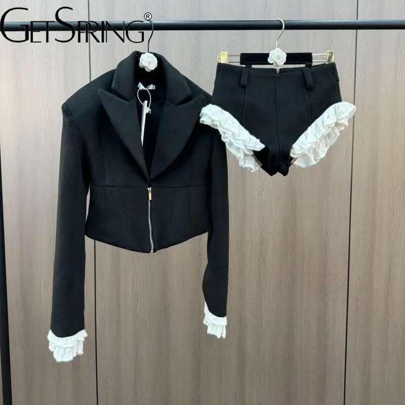 Getspring Women 2025 Spring New Black Short Wool Zipper Blazer Coat High Waist Lace Ed Shorts Two Pieces Sets