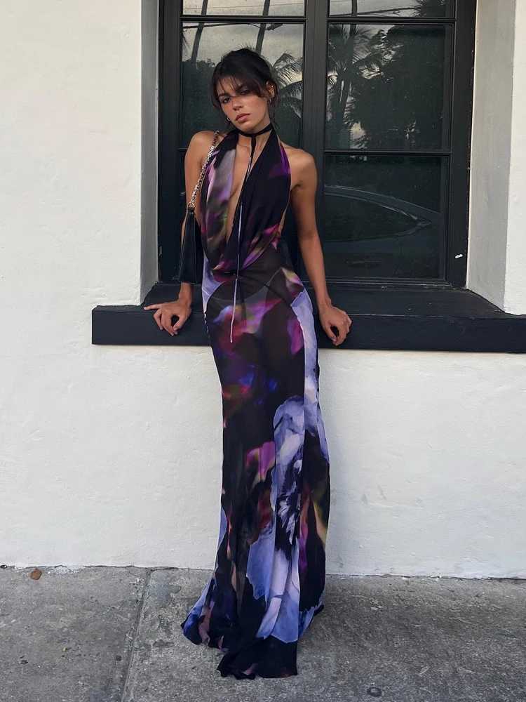 Backless Maxi Dress Women Sexy Purple Print Halter Bodycon Dress Summer Beach Outfits Elegant Sleeveless Club Party Dress 2022XJ250514