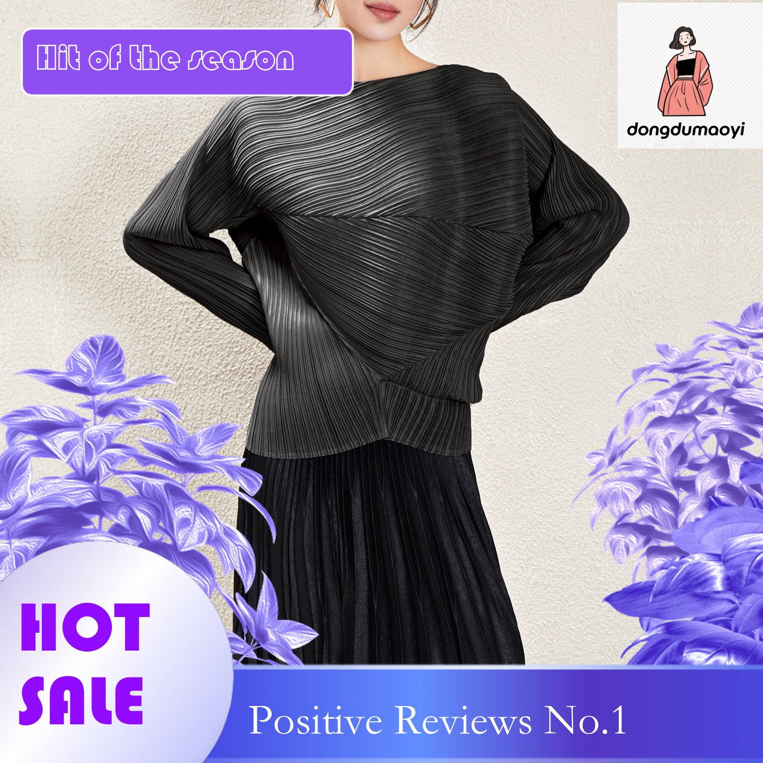 dongdumaoyi Miyake Irregular Long Top for Women 2025 Spring and Autumn Design Sense Solid Color Loose Simple Versatile Bat Sleeve T-shirt