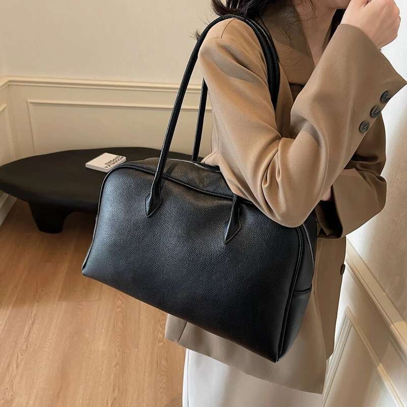 MOODS Oversized Bowling Shoulder Bags For Women Soft PU Leather Pure Color Lychee Pattern Large Capacity Travelling Shopper Tote