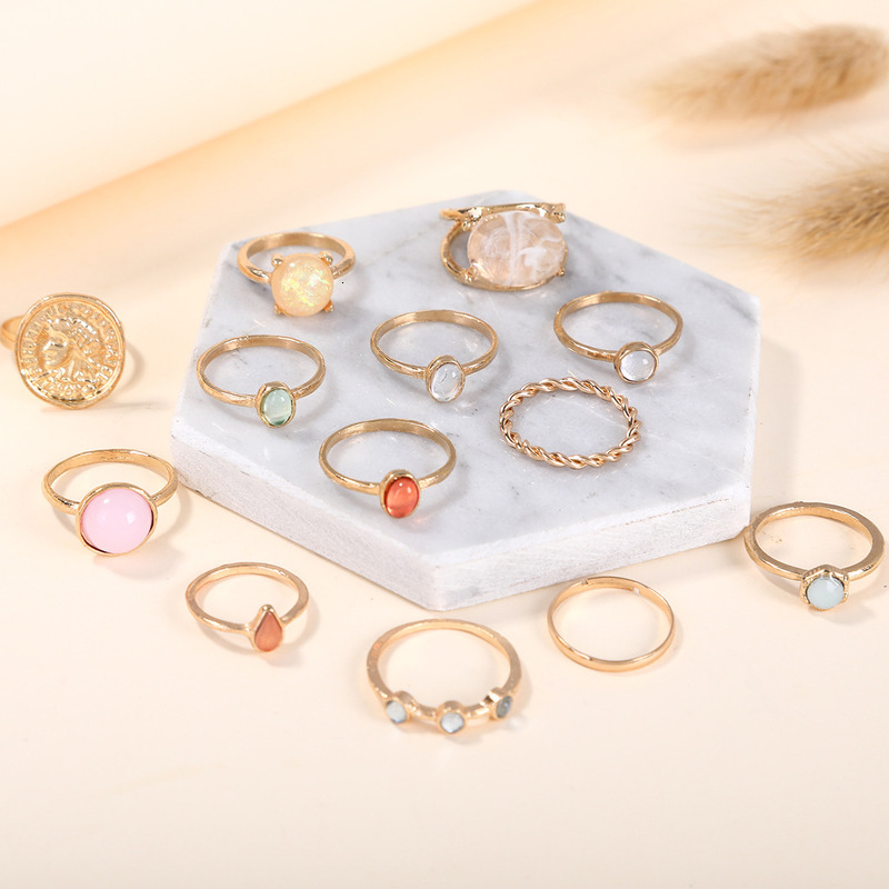 12 pieces of creative personalized jelly colored rings with diamond inlay relief set for women's jewelry